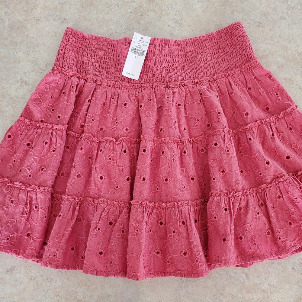 American Eagle Pink Tiered Cotton Eyelet Skirt Size M - Picture 3 of 8